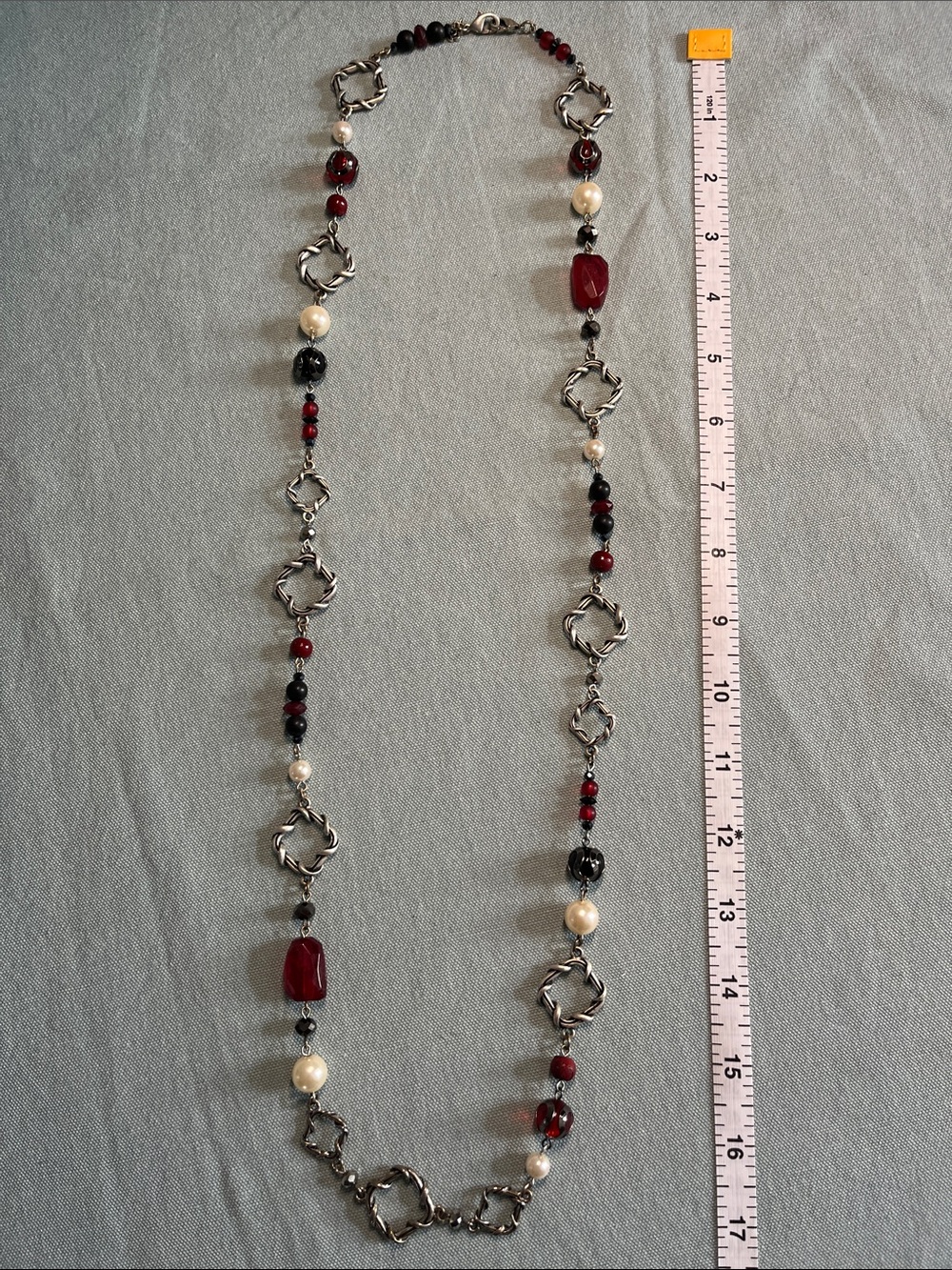 Premier Designs Long Beaded Necklace with Red, Black and Cream Accents